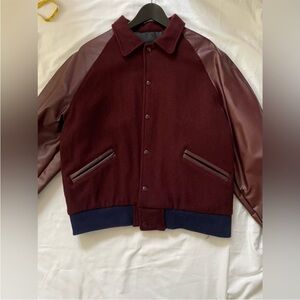 Men's Burgundy Wool Bomber Jacket with Leather Sleeves